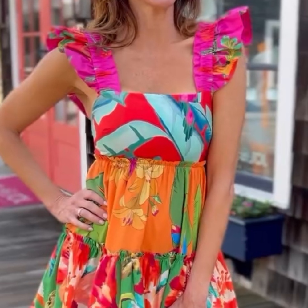 FARMRIO Foliage Mix Mini Dress Tropical Floral Ruffle Sleeve Tucan Cotton Size L - Picture 3 of 9